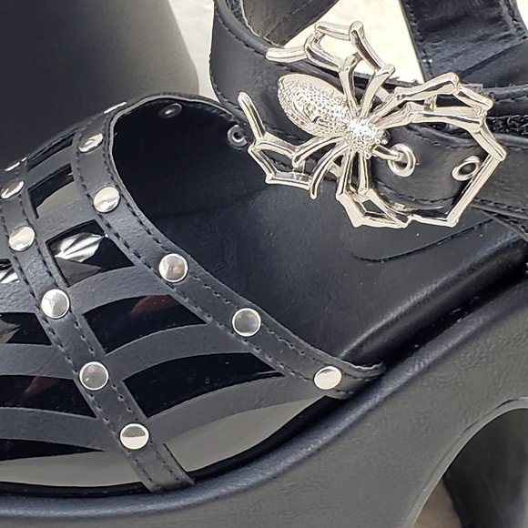 Camel Black Platform Sandals Cut out Web Toe Strap Goth Punk - Picture 14 of 14